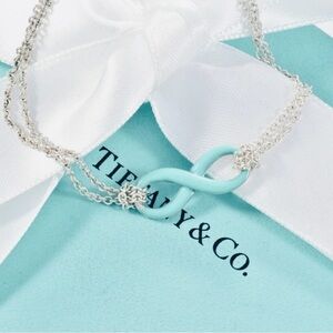 Tiffany & Co. Blue Enamel Infinity Bracelet Double Chain Sterling Silver 6” Rare